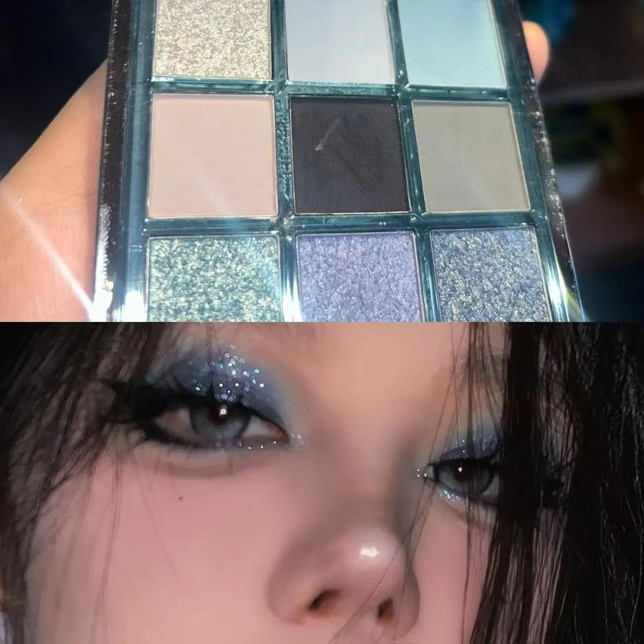 MUGELEEN nine-colour eye shadow palette showing blue smokey shades with matte and shimmer finishes