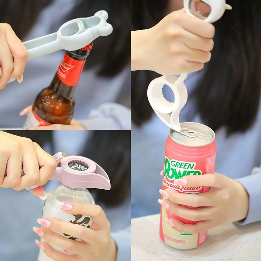 4-in-1 bear-shaped stainless steel and PP manual bottle and jar opener in gray blue on white background