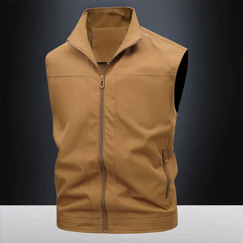 Men's casual workwear jacket with stand-up collar in solid colour, loose fit, polyester blend fabric