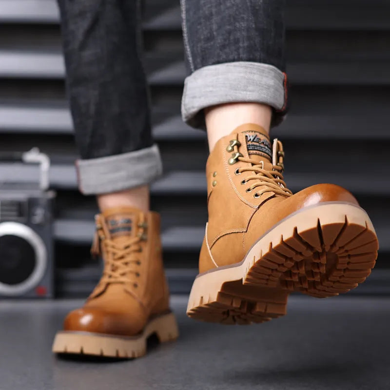 Men's brown leather mid-calf boots with side zipper and thermal lining