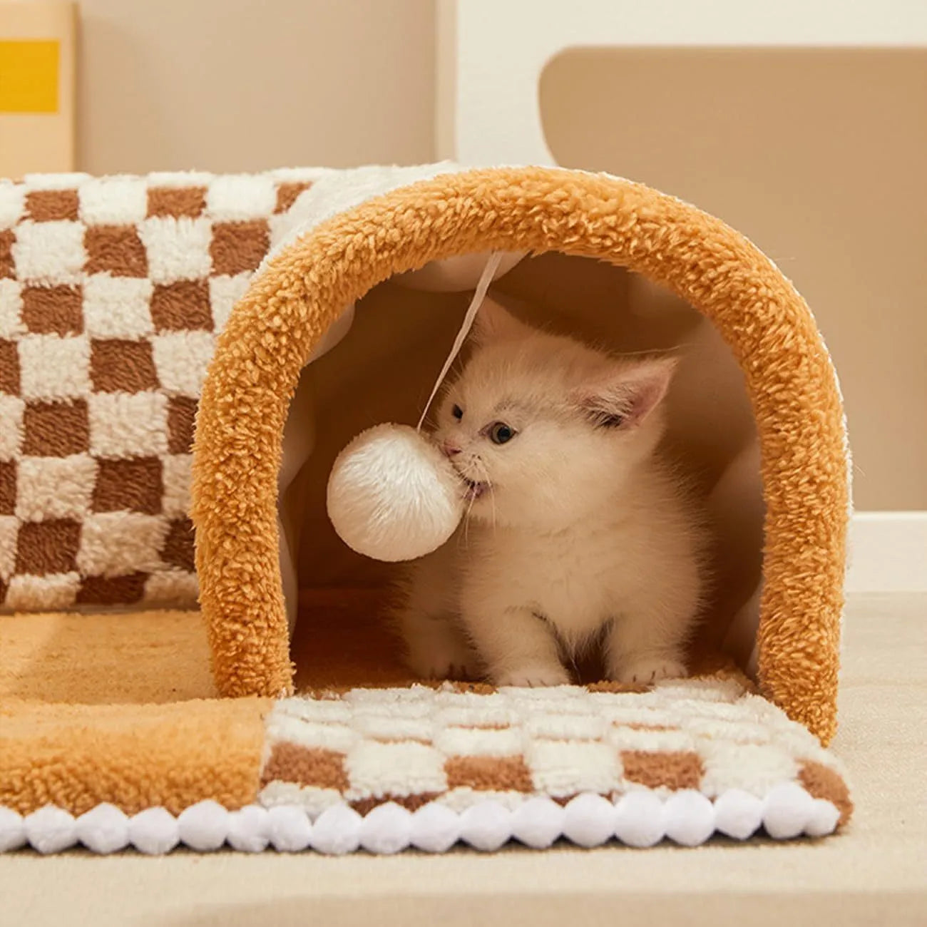 Coffee and yellow plaid fan-shaped pet bed tunnel with a thick plush mat and anti-slip base.