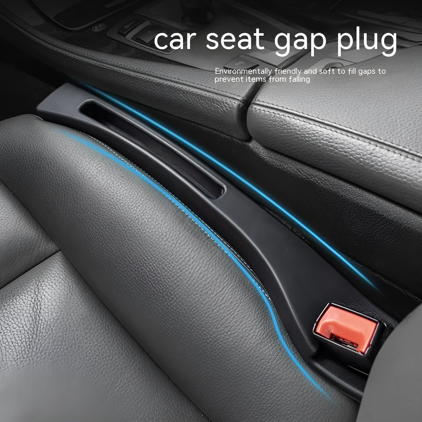 Black car seat gap storage box with handle between vehicle seats
