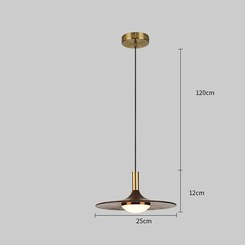 Walnut wood fish line chandelier with all-copper accents against a light background