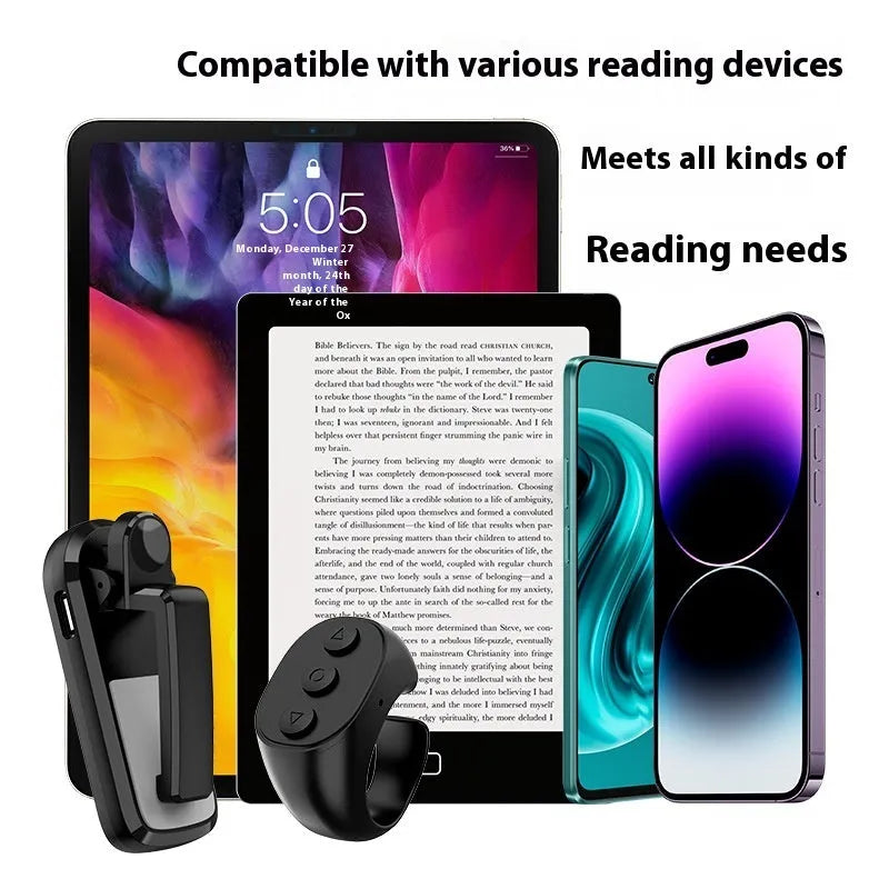 Wireless page turner remote control with clicker unit for hands-free navigation on reading devices