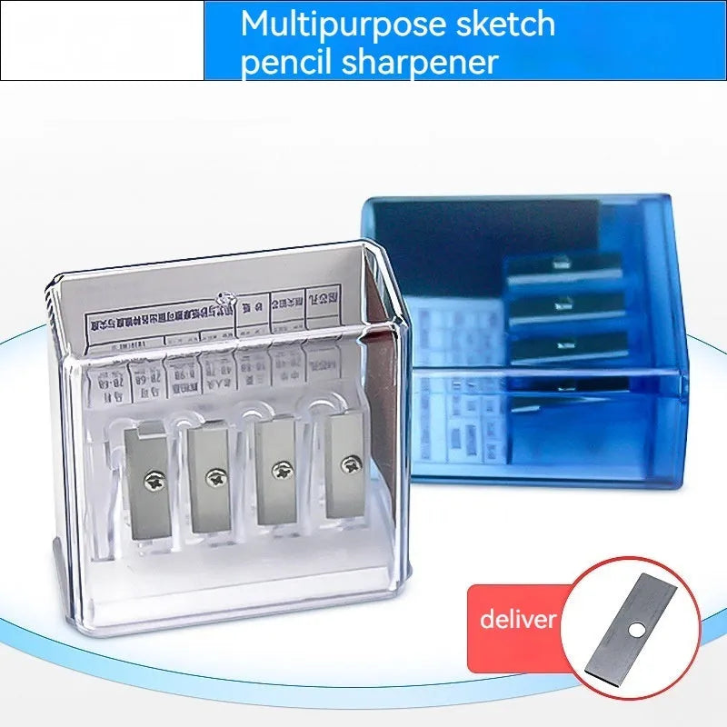 Geometric-shaped plastic pencil sharpener with four holes and an included screwdriver tool.