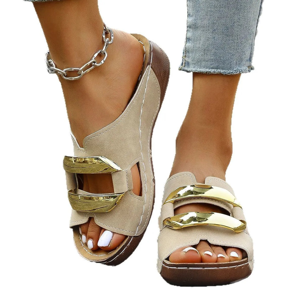 Breathable Roman style platform sandals in a solid colour with a metal detail on the artificial PU upper.