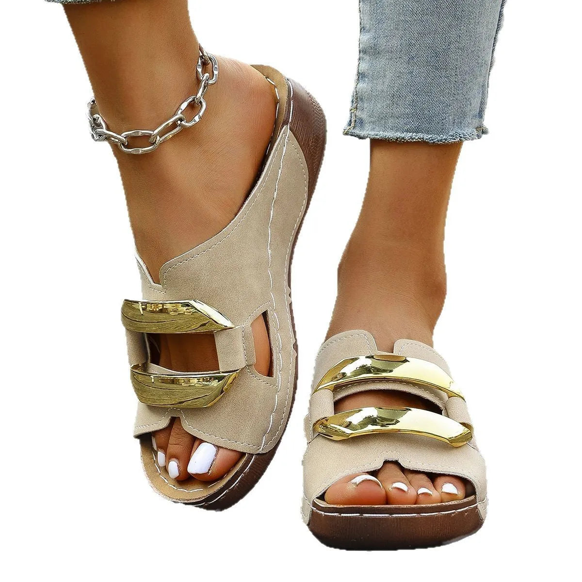 Breathable Roman style platform sandals in a solid colour with a metal detail on the artificial PU upper.