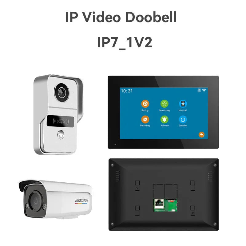 10-inch HD video intercom doorbell system with outdoor camera and indoor monitor unit.