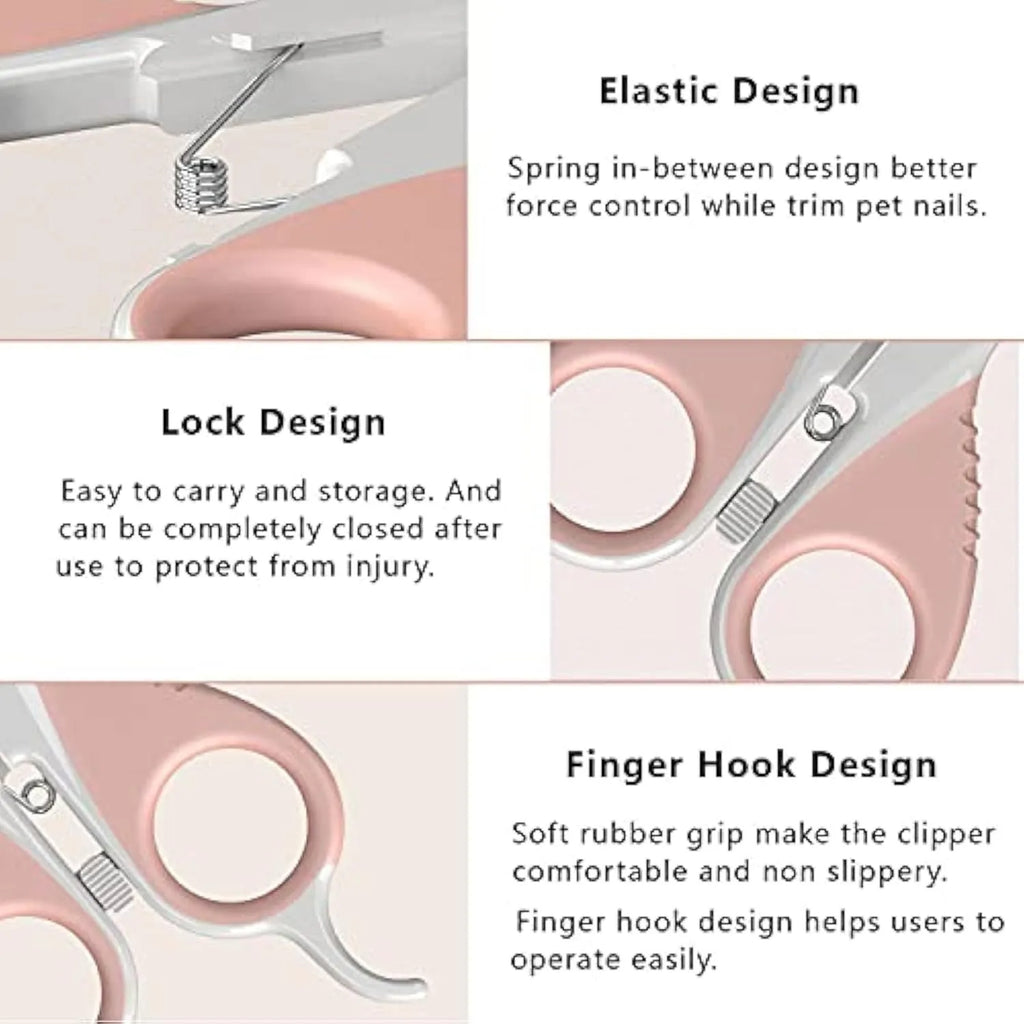 Grey and pink angled pet nail clippers with safety guard and rubber handle.