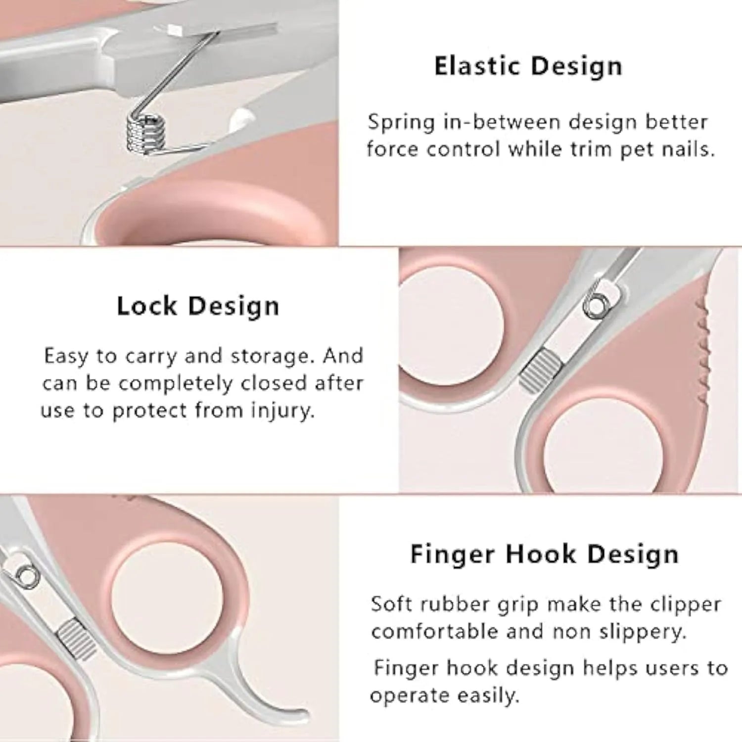 Grey and pink angled pet nail clippers with safety guard and rubber handle.