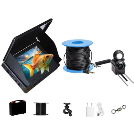 Fish finder underwater camera with 4.3 inch screen, showing HD underwater view with night vision lights on.