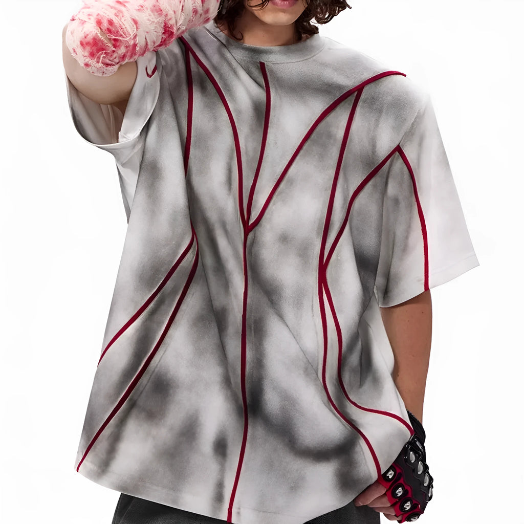 Women's padded shoulder t-shirt with three-dimensional patchwork design on short sleeve round neck top