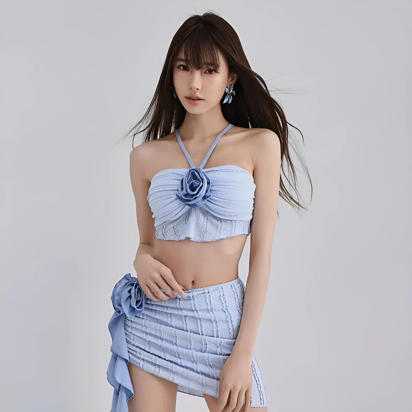 Women's nylon split three-piece swimsuit set in blue, belly coverage design