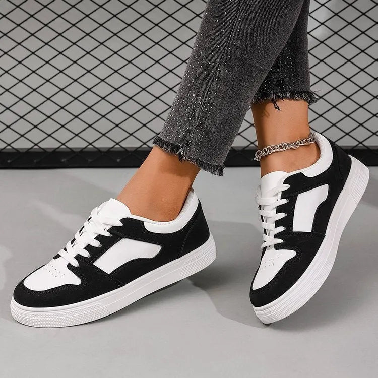 Black rubber sole casual women's sports shoes low top flat heel round toe lace-up shallow mouth