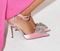 Women's satin sandals with heart-shaped rhinestone decoration and pointed toe design in three colour options