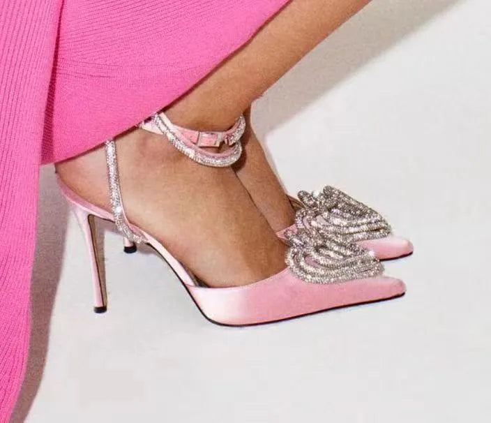 Women's satin sandals with heart-shaped rhinestone decoration and pointed toe design in three colour options