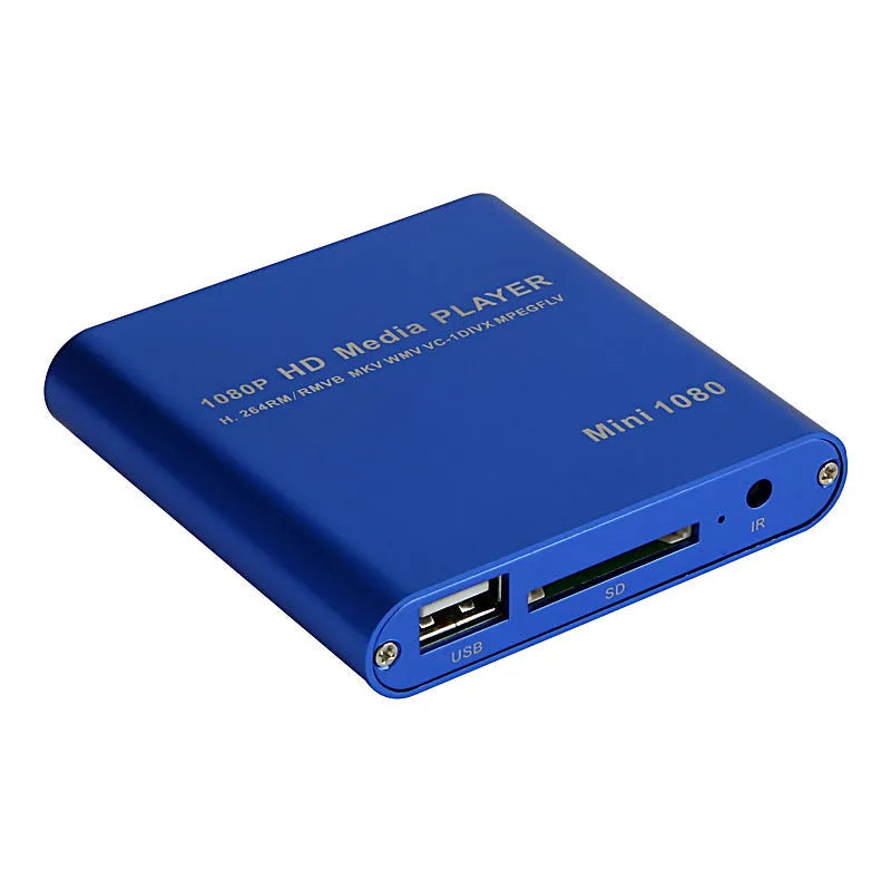 Compact blue or black all-metal 1080p Full HD media player with remote control