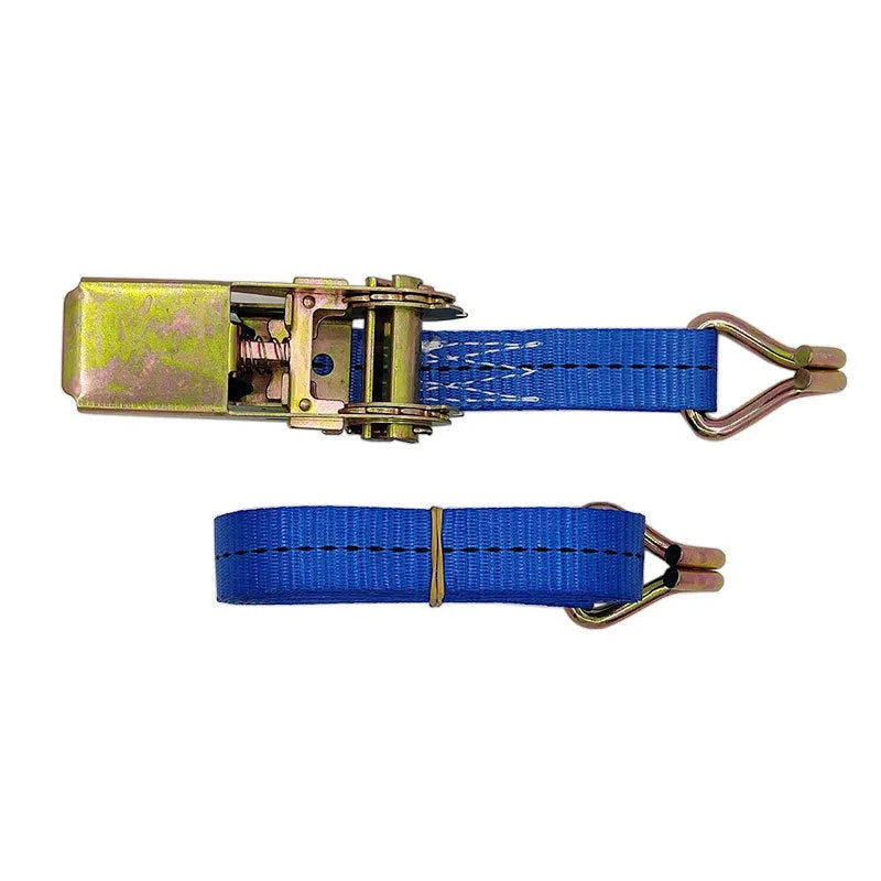 Heavy-duty ratchet tensioner fastening strap with steel buckle and double hooks on polyester webbing.