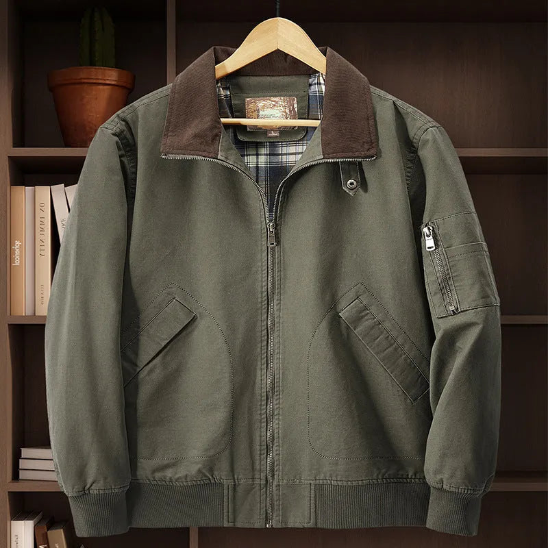 Men's camel washed cotton baseball jacket with a zip front and ribbed cuffs.