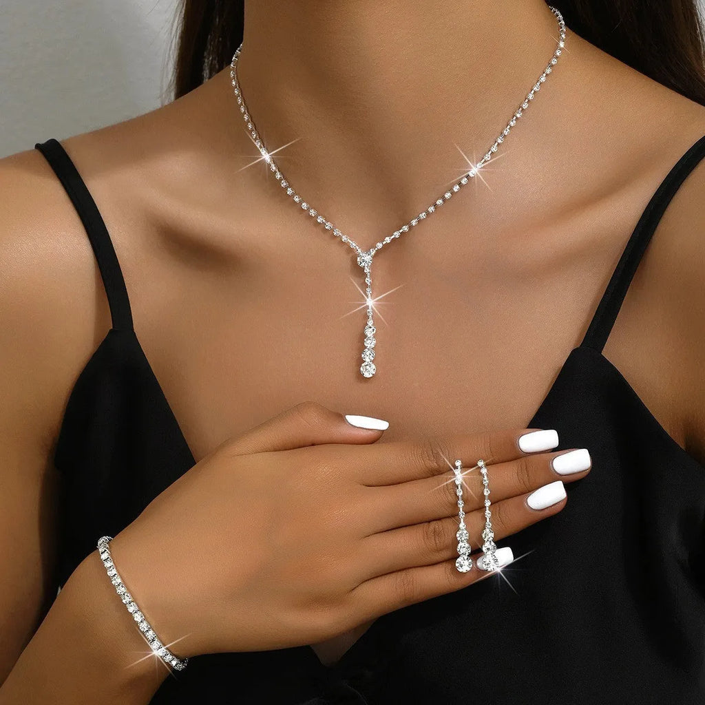 Rhinestone wedding jewellery three-piece set with necklace bracelet earrings in silver pink