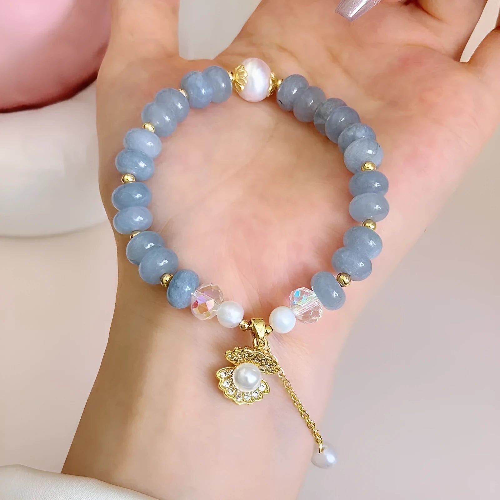 Natural aquamarine pearl shell bracelet handmade for women travel commemoration gift