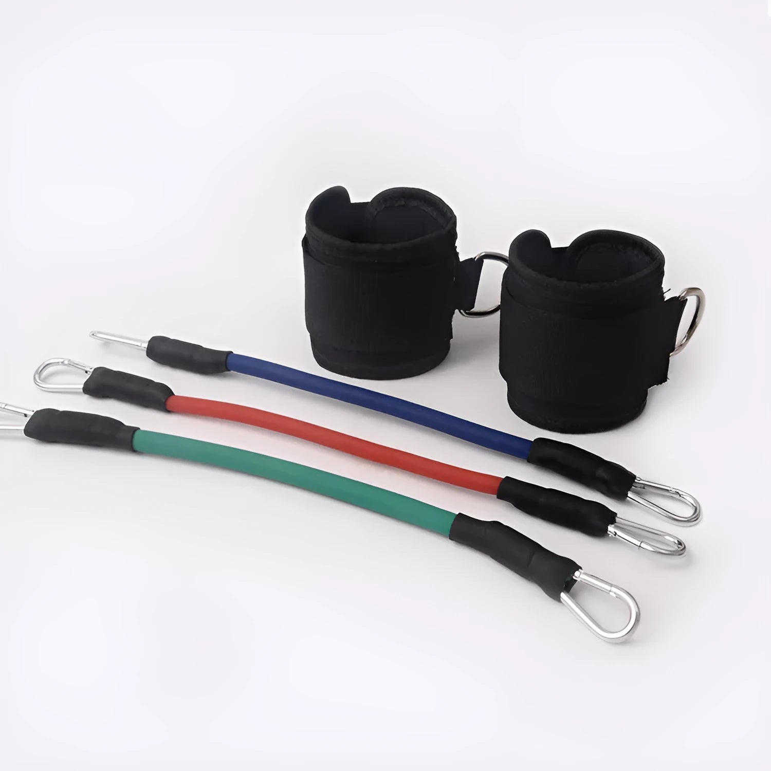 Black taekwondo training pull rope set with elastic cord and metal hooks for leg power development