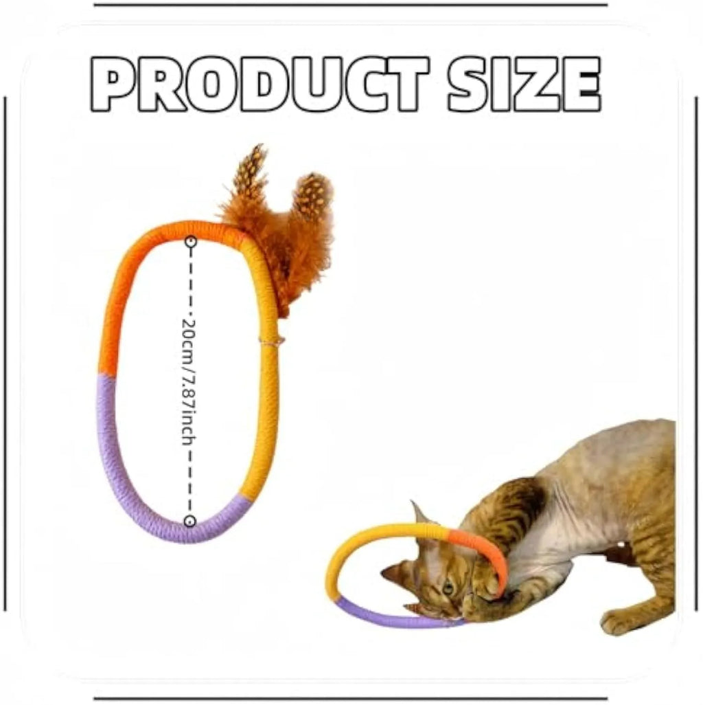 Green circular cotton rope cat toy with feathers and catnip for interactive feline play