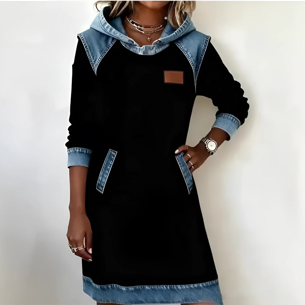 Ladies colour block hoodie skirt with contrast stitching and raglan sleeves in peacock green