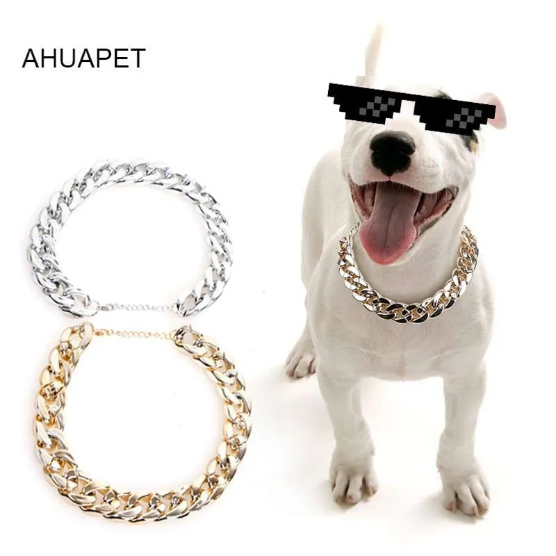 Adjustable geometric chain dog collar in gold or white for small to medium dogs.