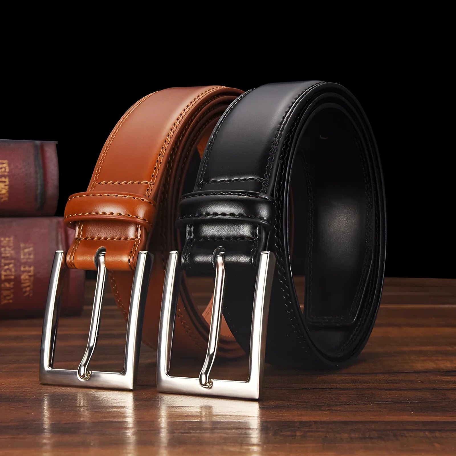 Men's black genuine leather belt with a silver alloy pin buckle on a plain background.