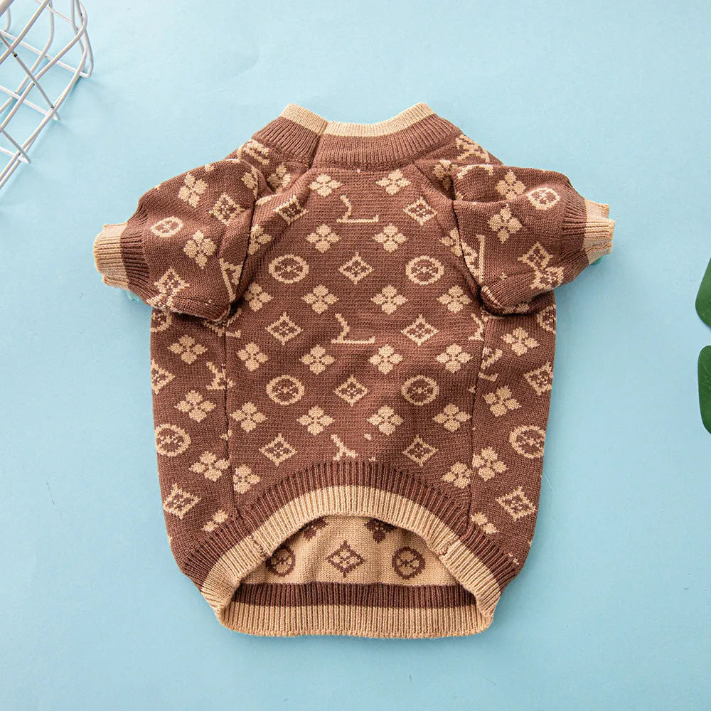 Wool knit dog sweater in winter colours showing thick knit construction and full-body coverage design