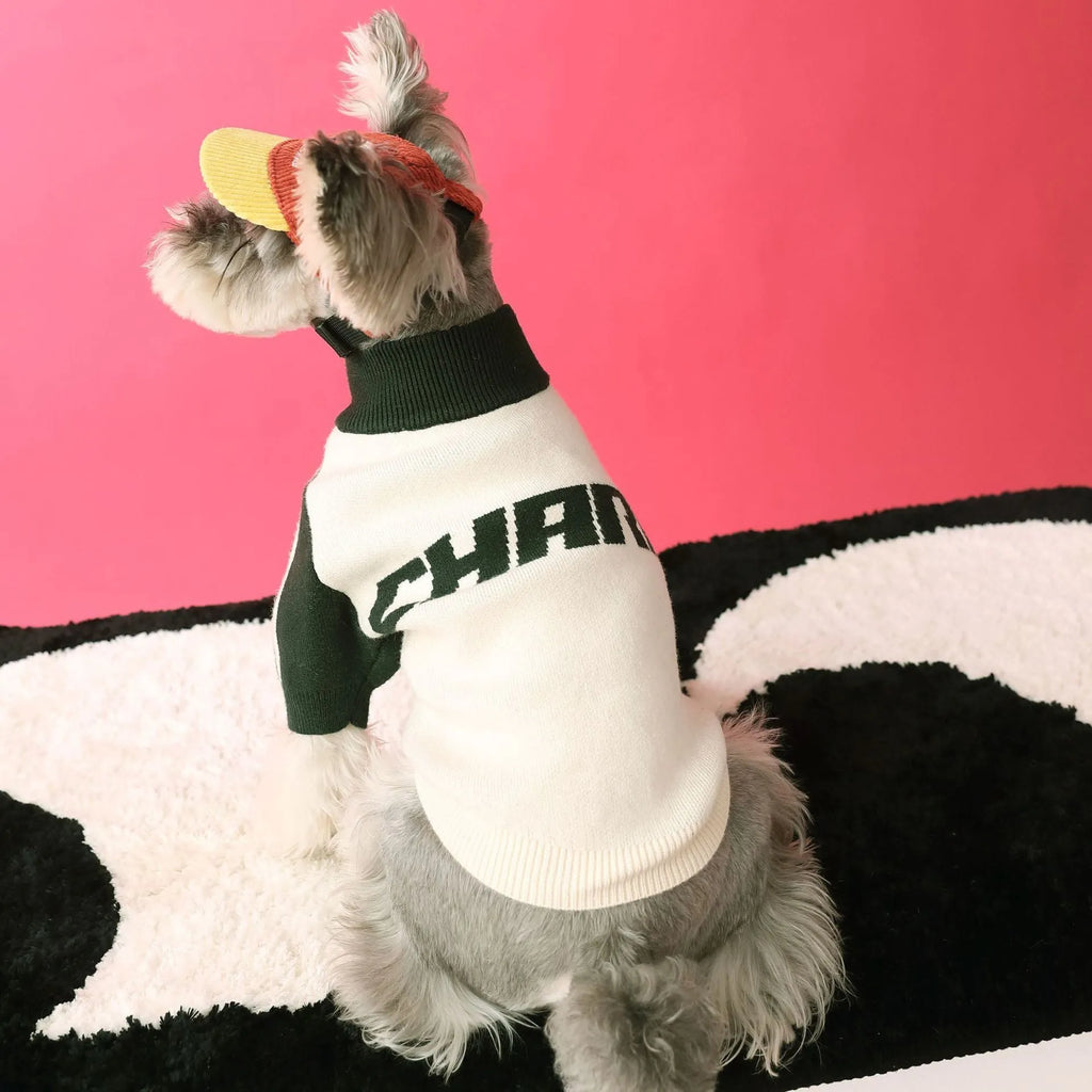 Red wool puppy dog sports sweater cardigan on white background, size S to XXL available