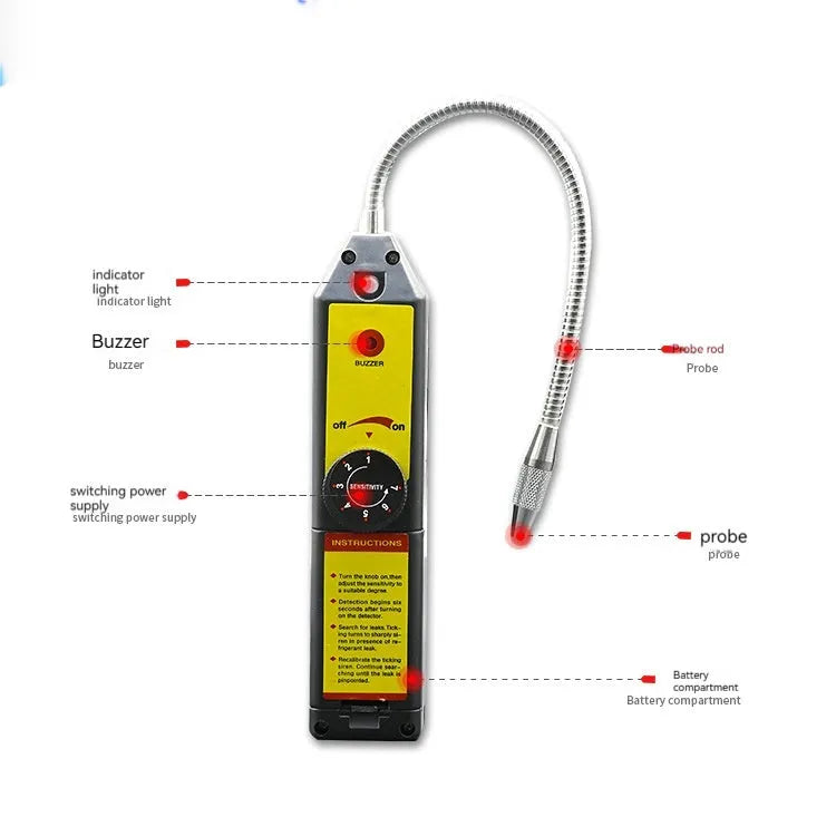 WJL-6000 electronic halogen refrigerant leak detector with extended probe on a workshop bench