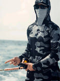 Men's grey long sleeve fishing shirt with mesh side panels and an integrated neck gaiter for sun protection.