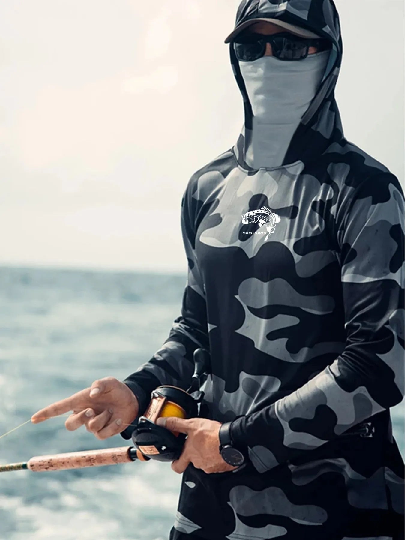 Men's grey long sleeve fishing shirt with mesh side panels and an integrated neck gaiter for sun protection.