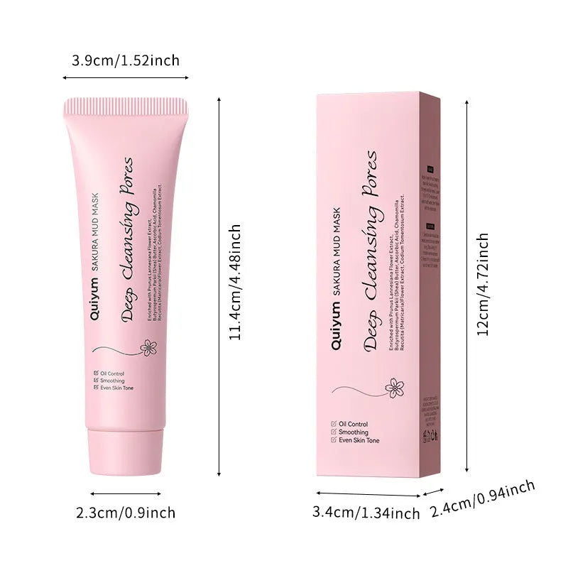 Cherry blossom mud mask 30g packaging with facial mask application for cleansing and hydrating skincare
