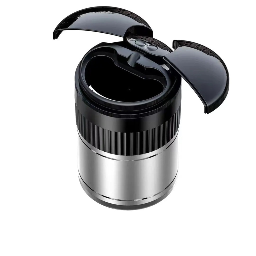 Automatic metal car ashtray with lid showing black, green, red, and silver colour options.