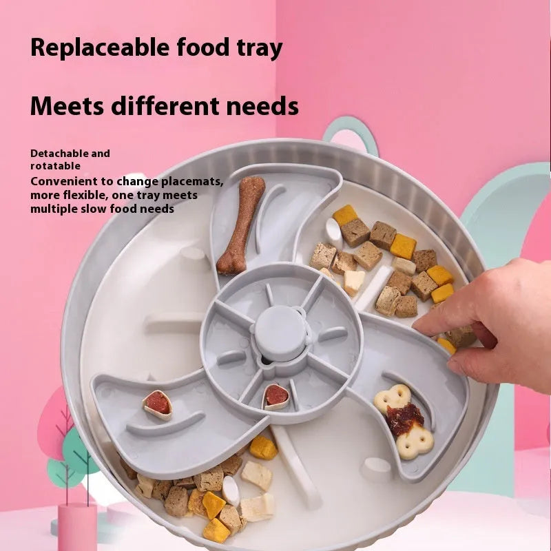 Pet slow feeder bowl with rotating game board showing anti-choke silicone pad in multiple colour options