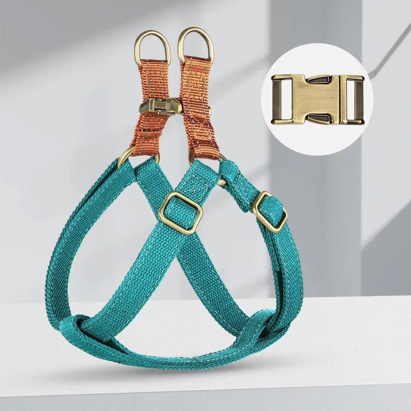 Brown vest-style dog leash with cotton and nylon construction and alloy fastener
