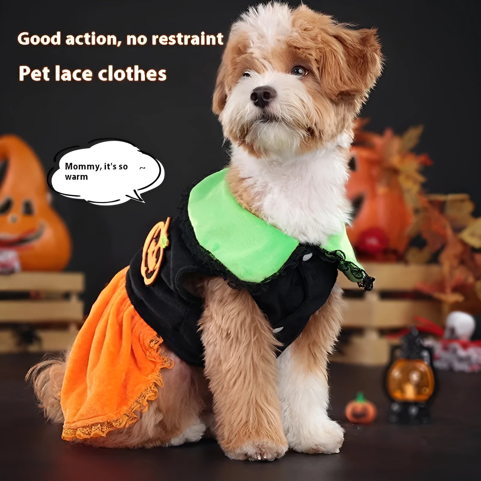 Halloween pumpkin skirt pet costume in crystal velvet for small dogs and cats