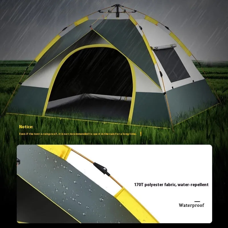 Dark green automatic pop-up camping tent for 3-4 people with silver-coated canopy