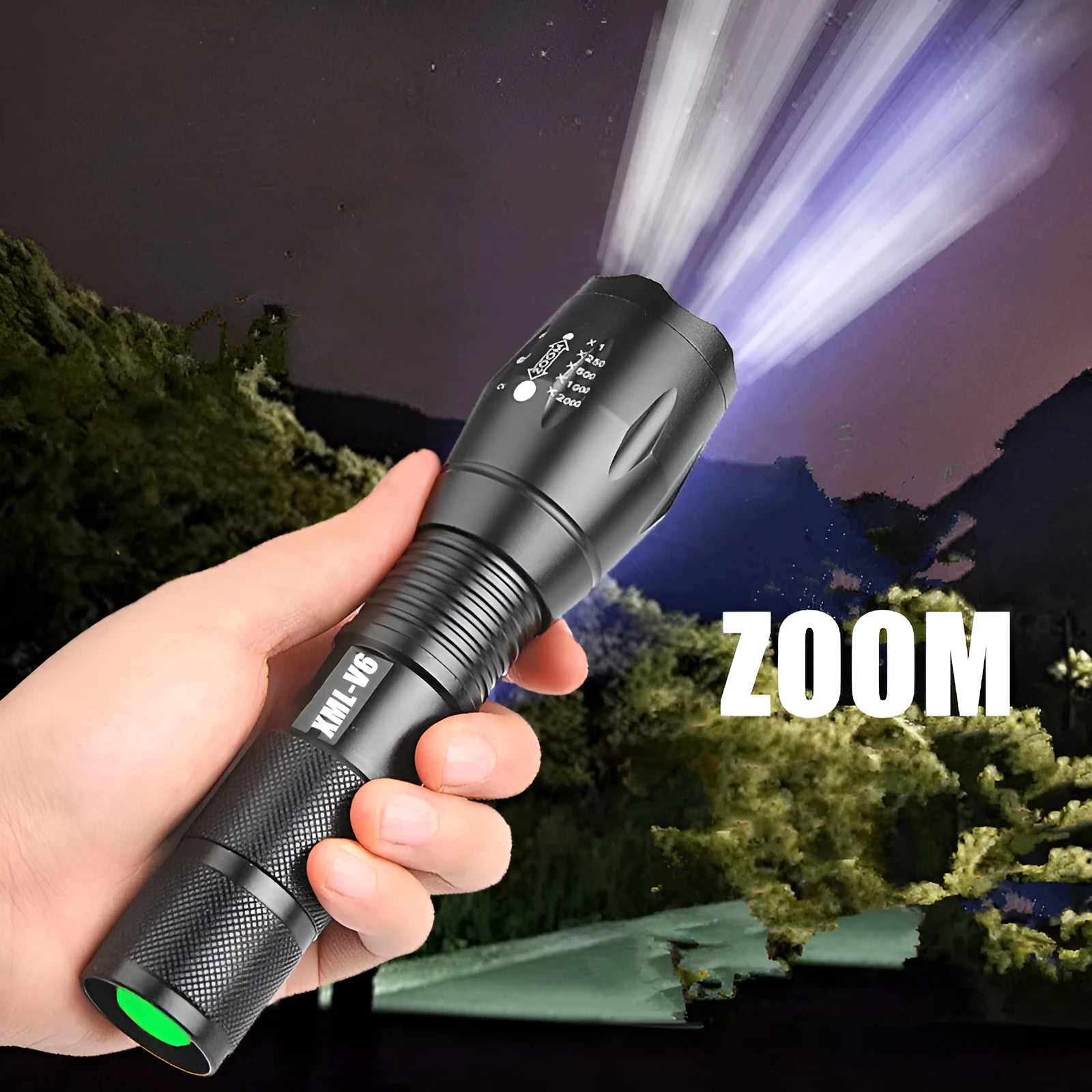 Portable mini LED zoom torch aluminium alloy body black colour adjustable focus 200-500 metre range outdoor flashlight