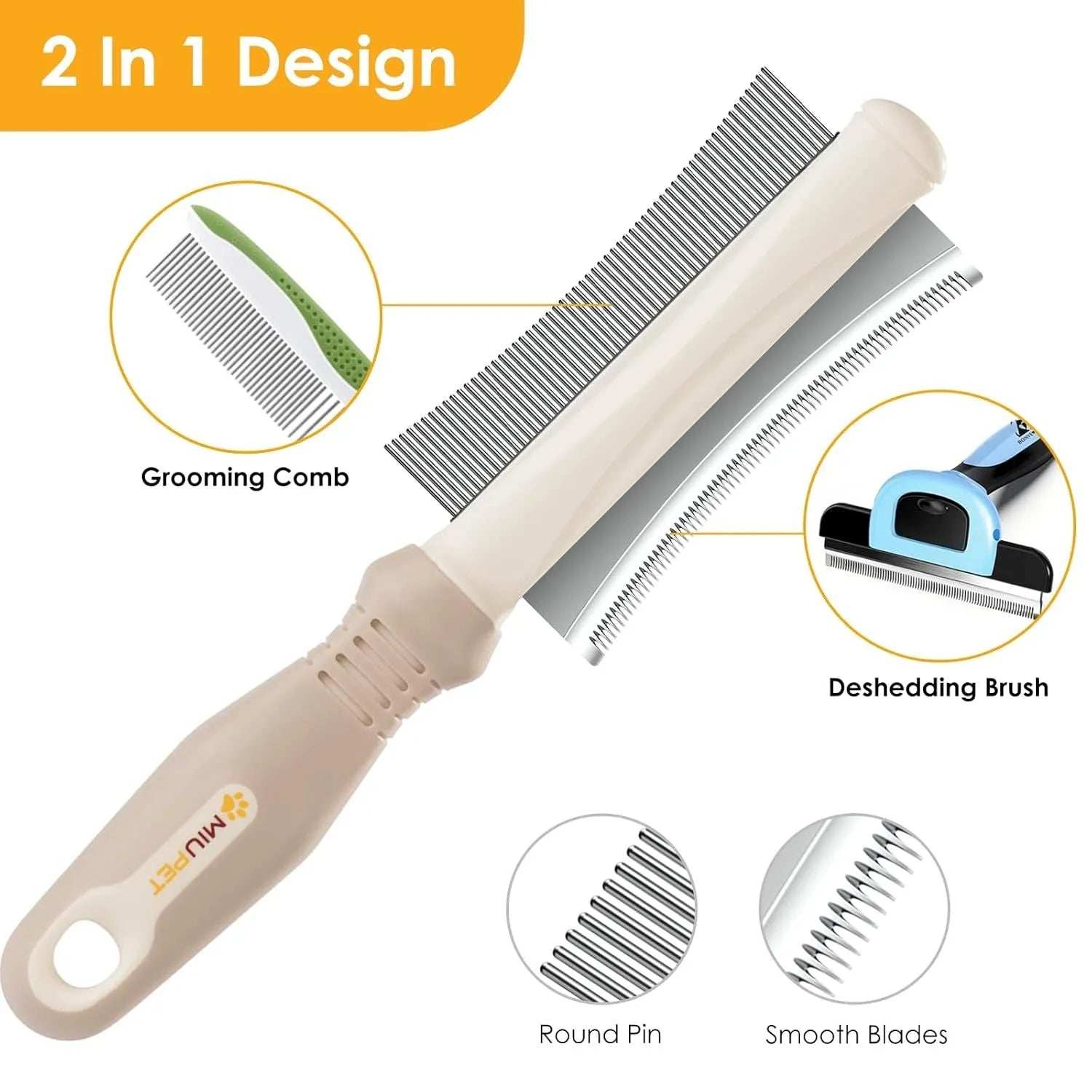White double-sided pet grooming brush showing comb and deshedding sides, with ergonomic anti-slip handle.