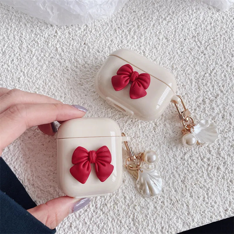Beige red bow shell pendant TPU case for AirPods Pro wireless earphones