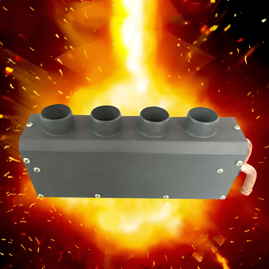 Metal car heater unit with long small four-hole copper pipe for 12V or 24V vehicle installation.