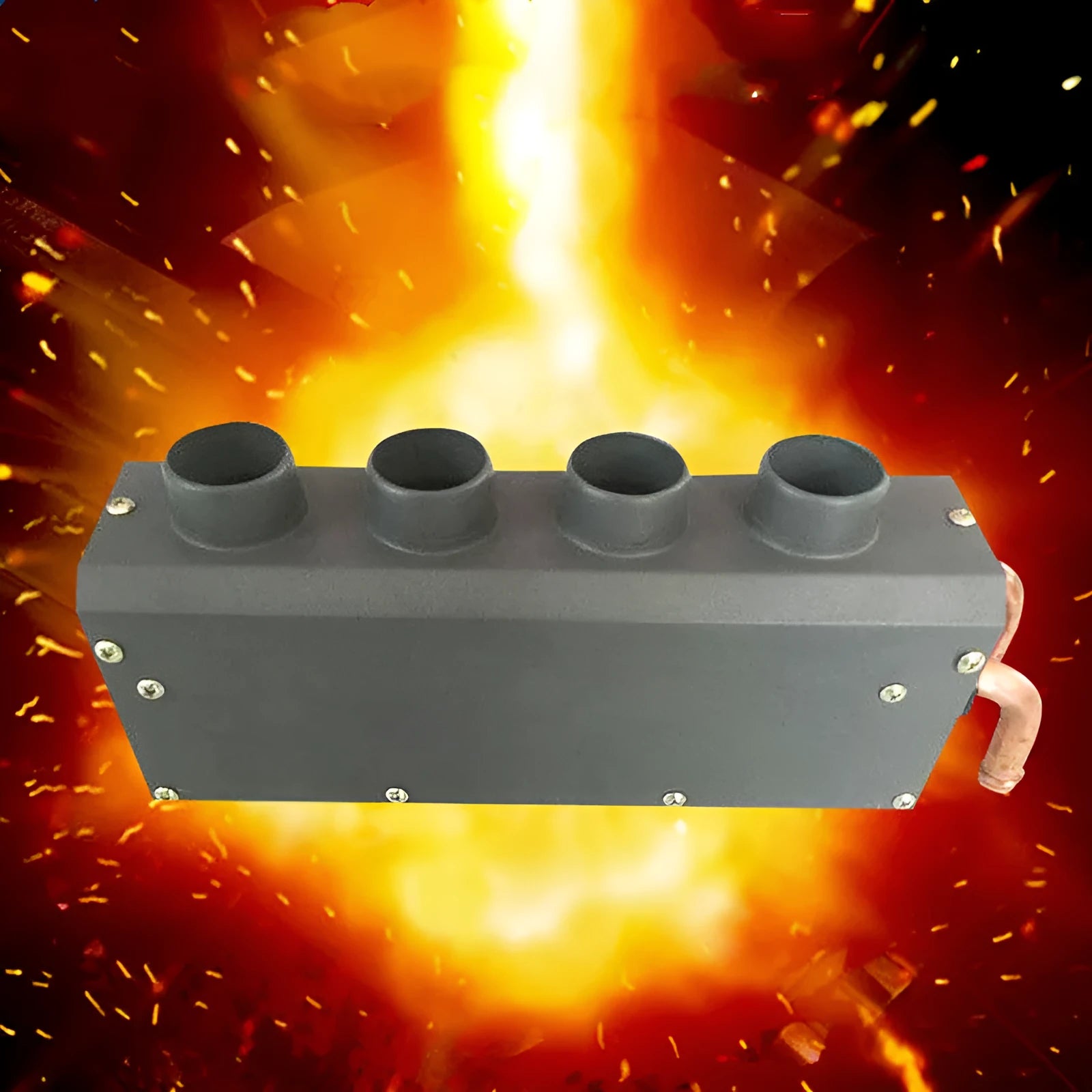 Metal car heater unit with long small four-hole copper pipe for 12V or 24V vehicle installation.