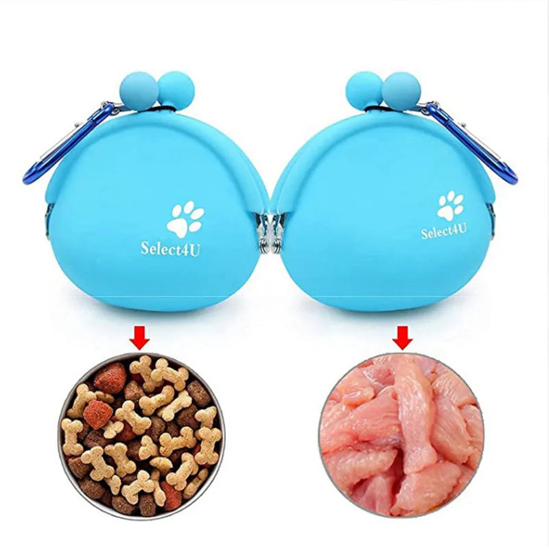 Silicone dog treat waist pouch with hook-and-loop closure in assorted colours