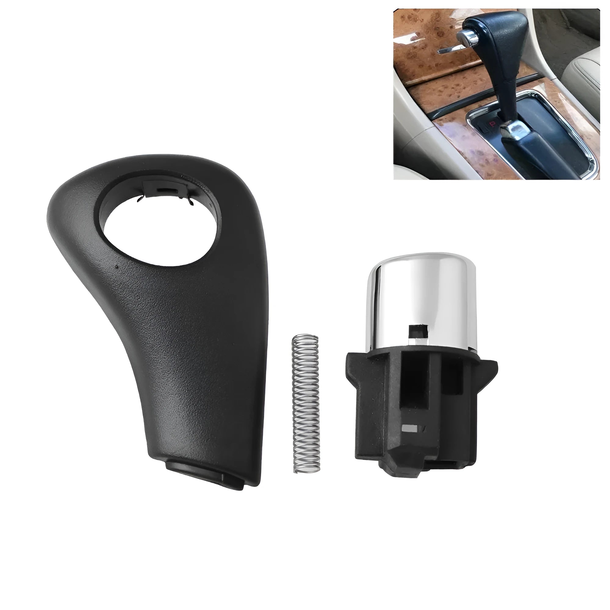 Black plastic ABS gear shift button replacement for Honda Accord 2003-2005 with return spring and side plate