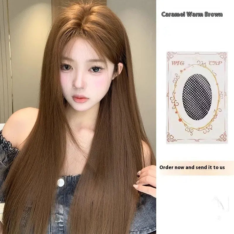 Warm brown lace wig with centre-parted bangs and long straight high-temperature fibre hair on a stand
