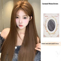 Warm brown lace wig with centre-parted bangs and long straight high-temperature fibre hair on a stand